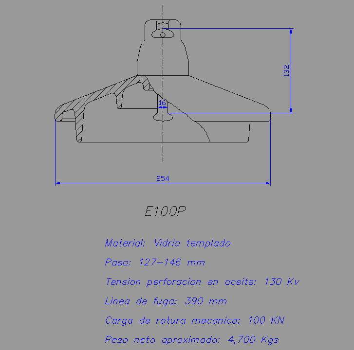 Bloque Autocad Aislador de cadena E100P, línea de fuga 390mm, carga en esfuerzo mantenido 100kN.
